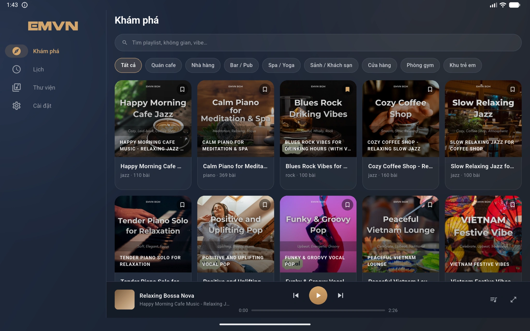EMVN BGM app interface — discover playlists by space, search and player